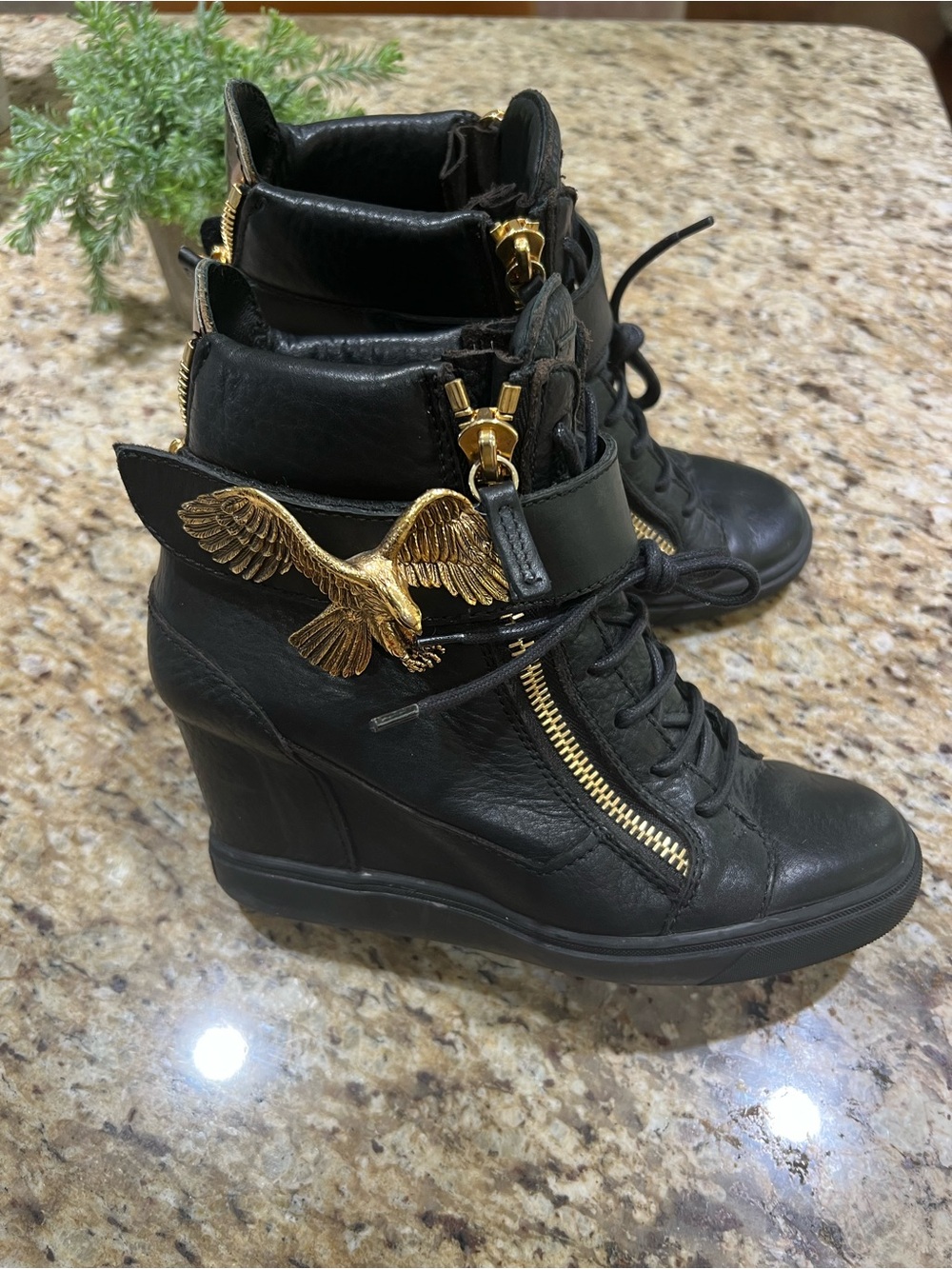 Giuseppe Zanotti Black Wedge Lace-Up Ankle Sneakers with Gold Eagle Emblem 40